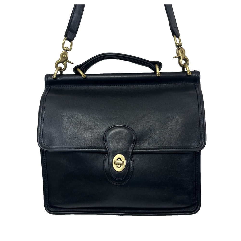 VTG Coach Willis 9927 Black Leather Brass Turnlock Top Handle Satchel Bag USA 97